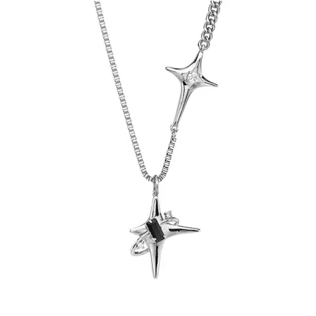 芊淑歆 简约小众星芒潮流嘻哈个性十字星星拼接时尚日常百搭高级感锁骨链 钛钢 项链 男款