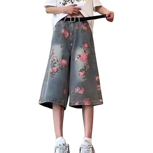 单爵 美式满印花卉痞帅高级感裤子直筒宽松高腰七分裤牛仔短裤 男女同款