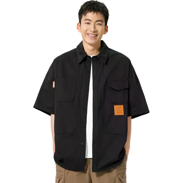 米素力 美式复古宽松纯棉落肩袖短袖翻领衬衫 男款