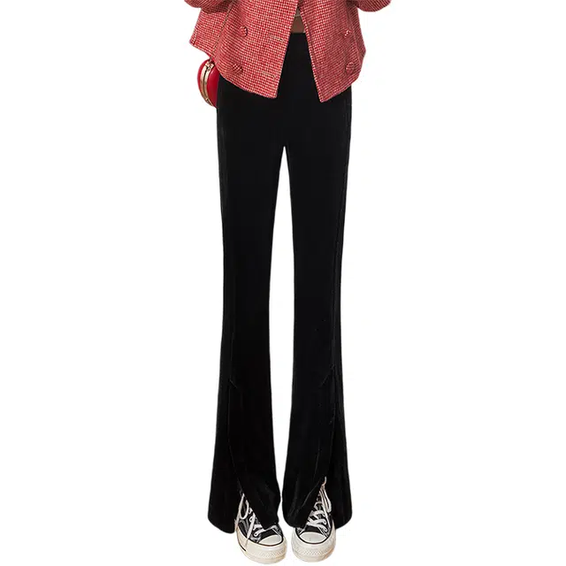 丝柏舍 纯色高腰加绒微喇裤长款保暖开叉简约休闲裤 女款 黑色