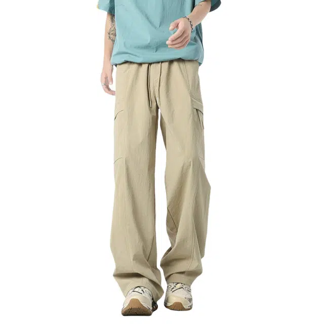 加荣  美式速干褶皱冰丝裤男夏季薄款透气潮流百搭宽松休闲青少年户外运动松紧腰小众设计感直筒阔腿工装裤长裤 男女同款