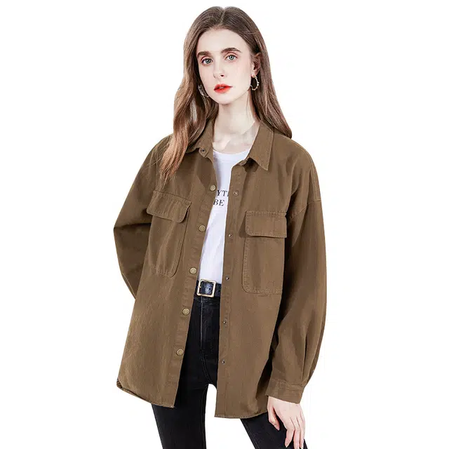 她池 休闲单排扣宽松长袖中长款长袖衬衫 女款 橄榄色