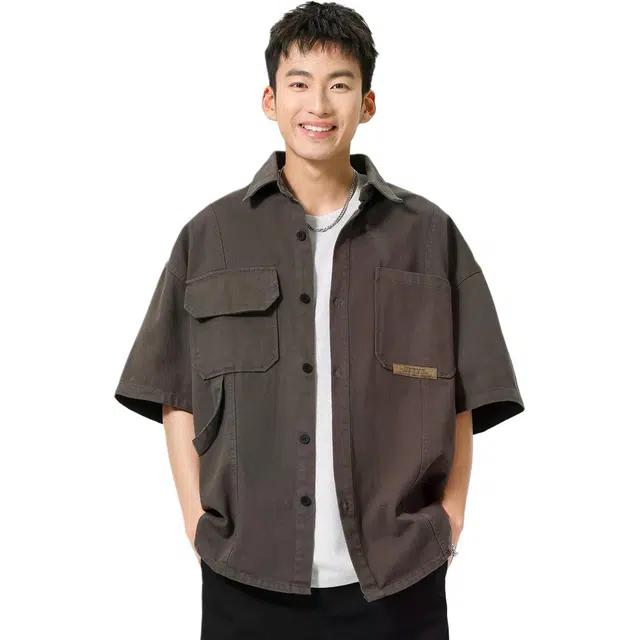 米素力 纯棉轻奢高级感纯色落肩袖短袖翻领宽松型衬衫 男款