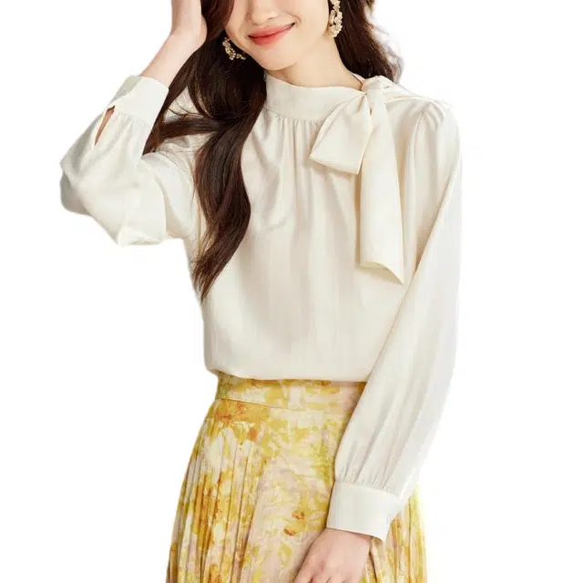 曲韩 设计感小众蝴蝶结飘带洋气漂亮小衫法式上衣衬衫 女款