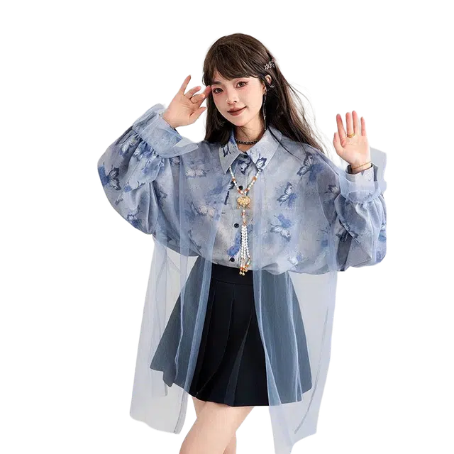 识恩 美式复古学院范晕染蝴蝶花女秋季气质朦胧轻纱拼接宽松长袖衬衫 女款