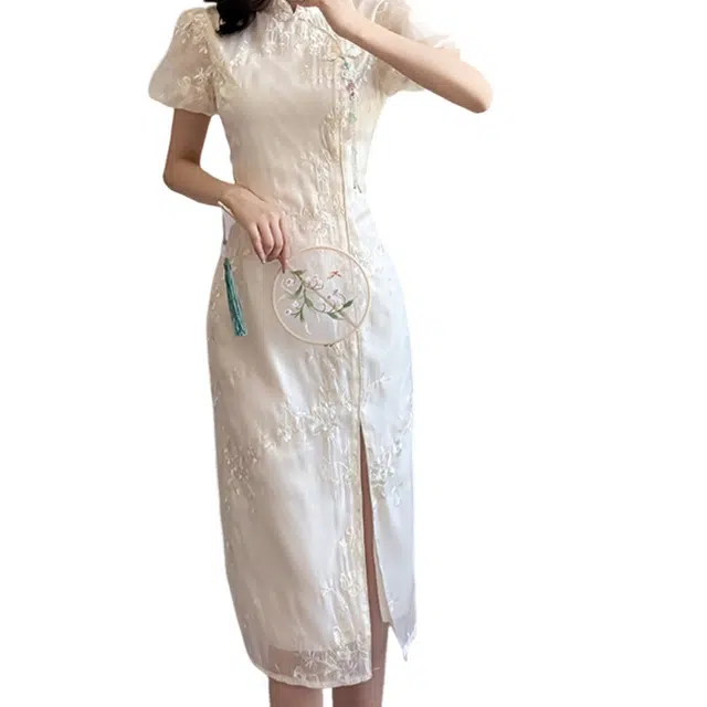 丝絮丝绸 夏季新中式改良旗袍裙名媛淑女重工高级感中长款女短袖连衣裙 女款