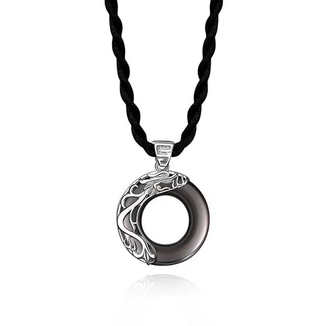 银千惠 新中式祥龙平安扣龙的传人镂空龙纹雕刻吊坠 国风复古转运平安纳福男友锁骨链纯银轻奢高级感时来运转八方来财 黑曜石 项链 男款