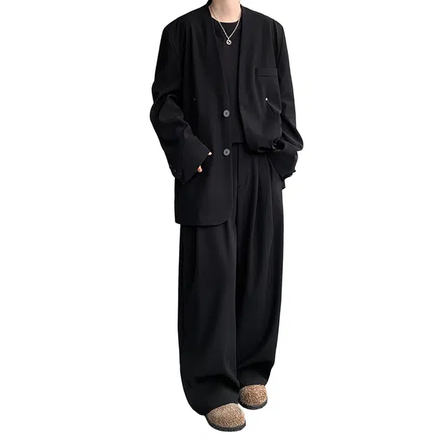 北欧攻略 韩系通勤简约无领高级感上衣休闲风松驰感宽松外套潮流痞帅婚服垂感裤子西装套装 男女同款