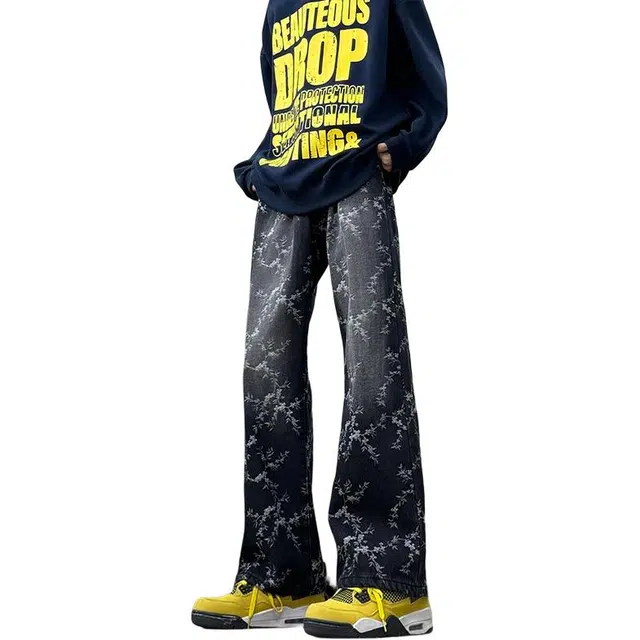 物质公式 潮牌美式高街复古满印提花拼接结构款宽松百搭休闲基础款痞帅潮流炸街日常通勤垂感水洗做旧阔腿直筒牛仔裤 男女同款