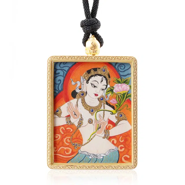 喃呢 精工手绘藏式热贡唐卡白绿度母平安顺遂功德无量观世音菩萨护身度一切苦厄 新中式都市文玩国风 铜合金 项链 男女同款情侣款