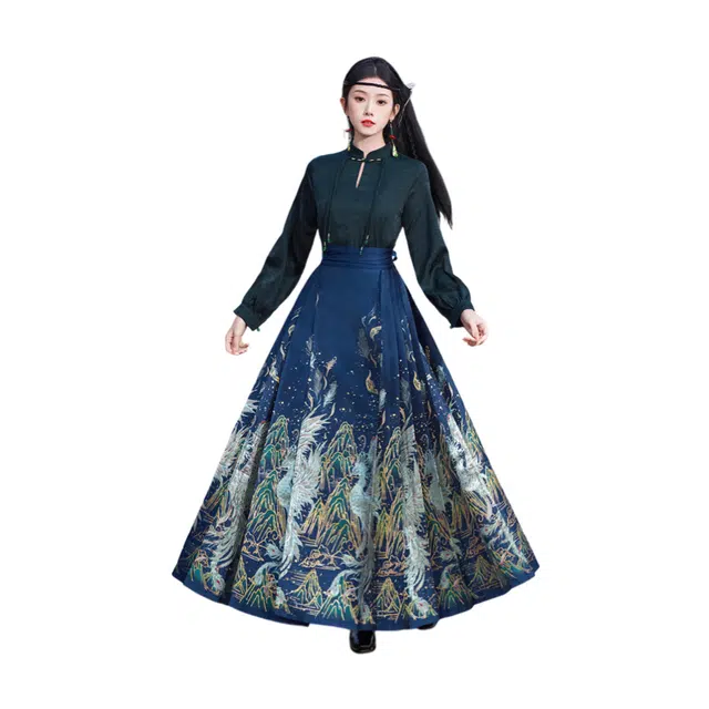 荟萃阁 新中式提花盘扣立领气质长袖衬衫一片式百褶妆花织金马面裙裙装套装 女款