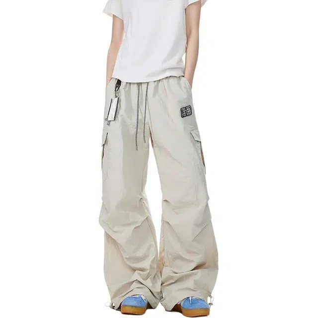 行更远 美式格子拼接伞兵工装裤双腰头设计阔腿裤宽松百搭休闲裤 男女同款