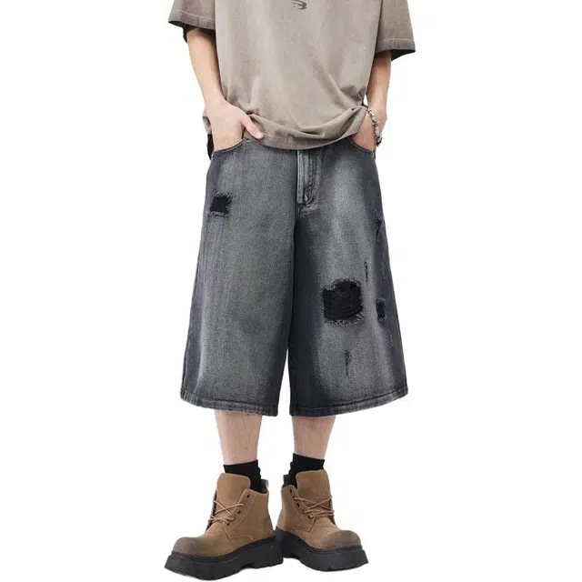 童先森 水洗破洞复古工装百搭纯色宽松潮牌牛仔短裤 男款