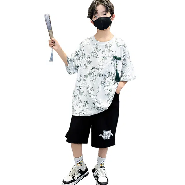 浪莎 简约圆领套头五分短袖上衣松紧腰短裤休闲运动套装 儿童款