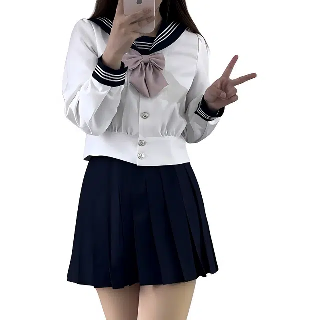 淑好百 日系收腰泡泡袖水手服学院风长袖简约时尚两件套制服 女款