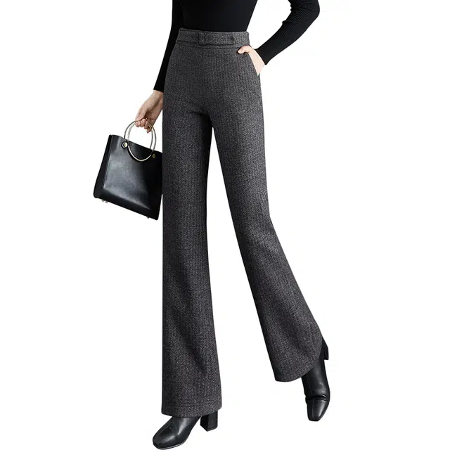 她池 高腰微喇修身休闲裤 女款 黑灰人字纹