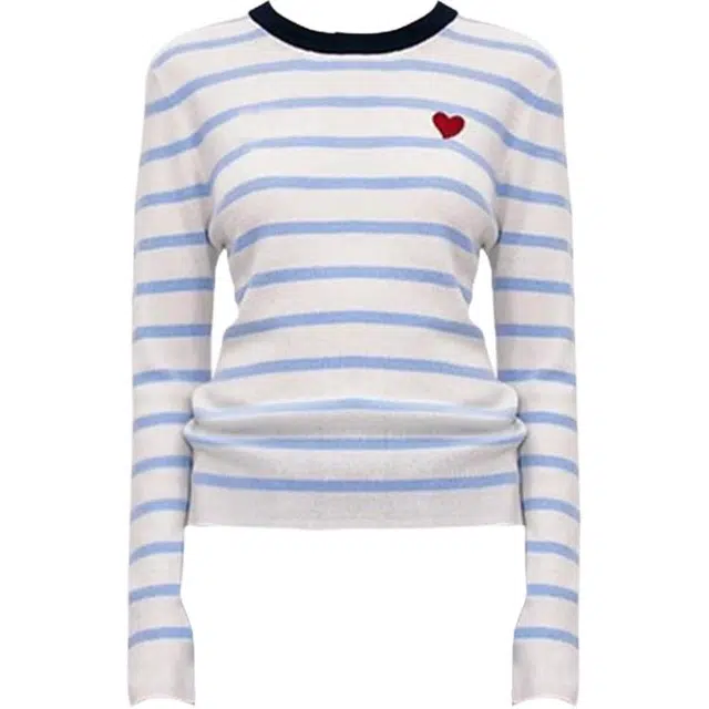 小卷要加油 撞色条纹爱心刺绣圆领百搭修身长袖针织衫 女款