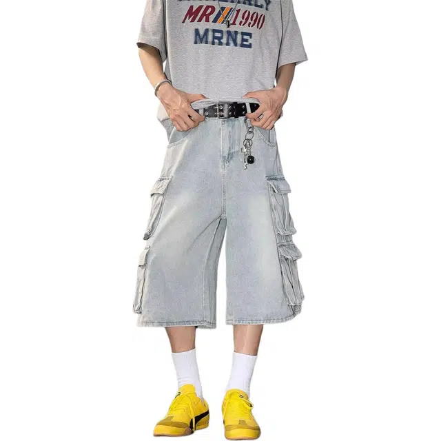 木木兔 美式潮流百搭慵懒复古文艺破洞简约口袋工装七分牛仔短裤 男款