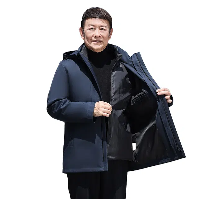 鸭鸭 鹅绒三合一系列 中老年爸爸装纯色商务休闲百搭拆卸帽中长款羽绒服 男款
