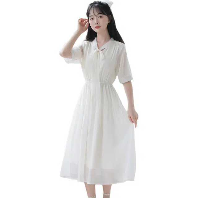 玄唐 纯色高腰合身适中短袖连衣裙 女款