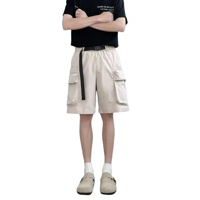 加荣 轻薄透气凉感青少年户外健身运动裤休闲直筒阔腿裤小众设计感潮流百搭松紧腰五分中裤外穿夏季工装短裤 男女同款