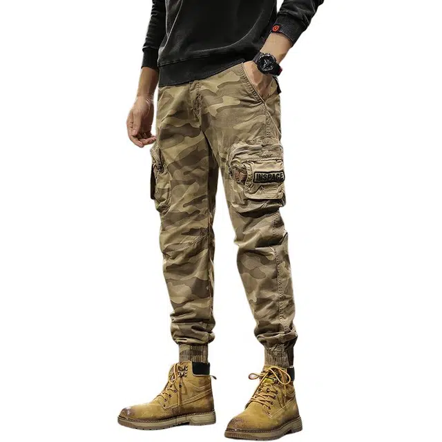 前进牛 日系复古中腰抗皱纯色复古迷彩军旅显瘦束脚修身多口袋纯棉休闲工装裤 男女同款