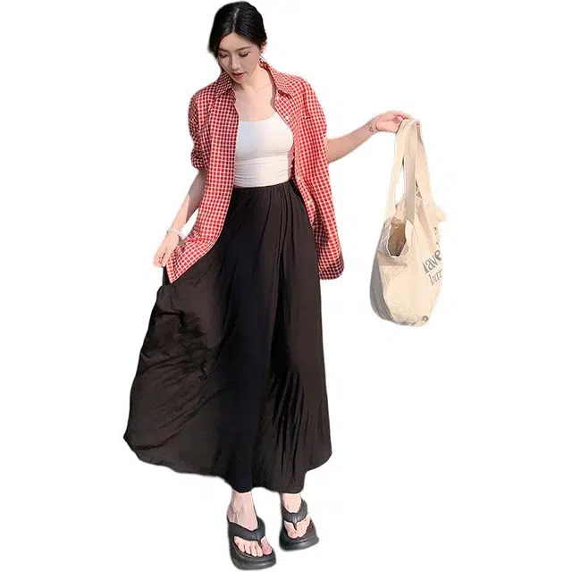 水中花 纯色慵懒风显瘦大摆裙子休闲长裙 女款