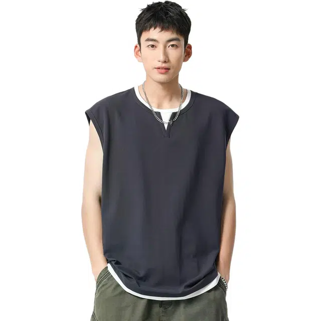 米素力 透气运动外穿纯色圆领背心 男款