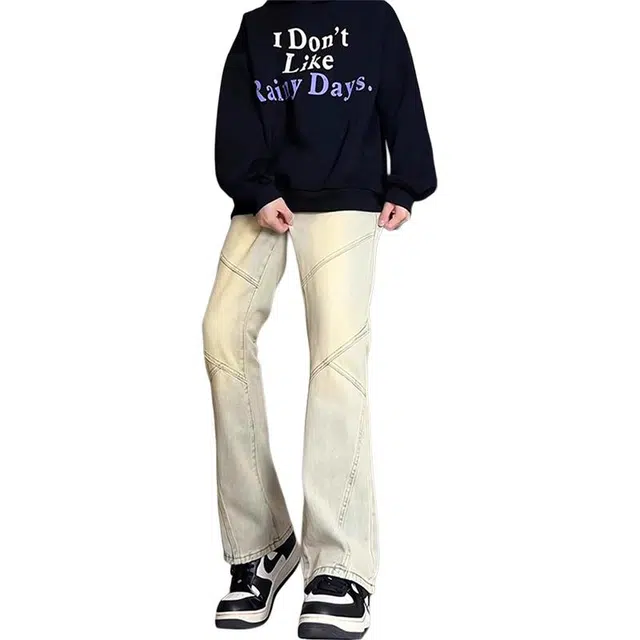 单爵 拼接夏季薄款弹力美式高街直筒修身提档微喇裤牛仔裤 男女同款