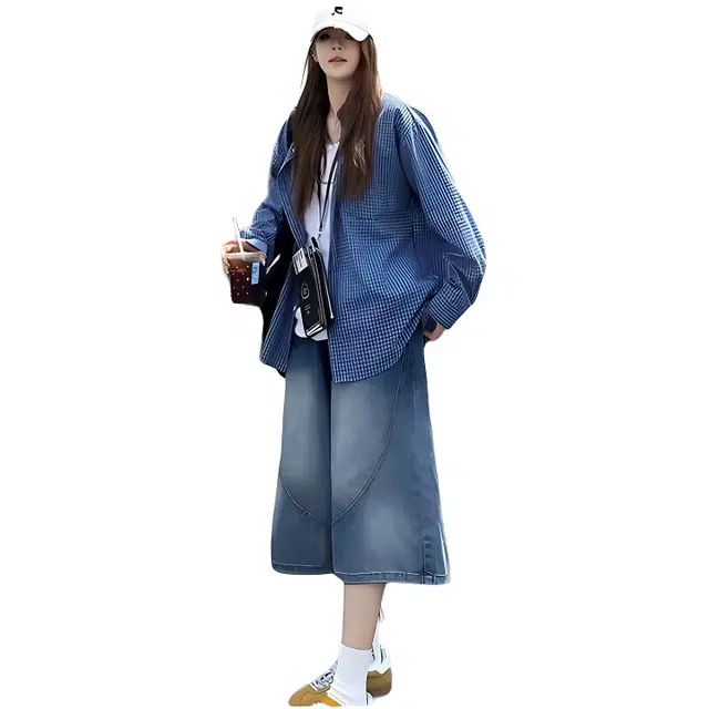 单爵 美式高街七分薄款宽松高腰阔腿牛仔短裤 男女同款