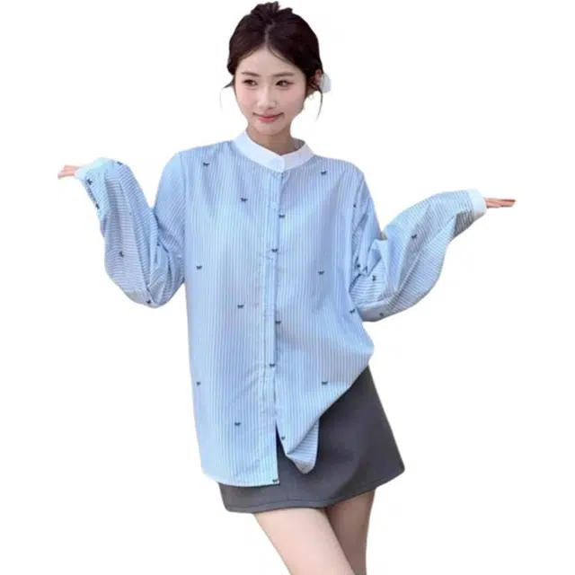 柏黛妃 日系宽松圆领长袖百搭蝴蝶结印花上衣衬衫 女款