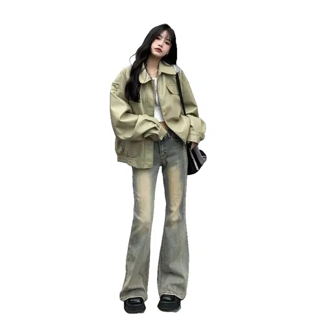 玉儿恋 美式复古宽松纯色翻领拉链夹克外套 女款