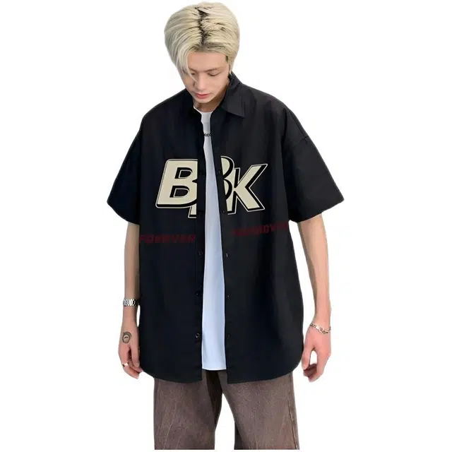 木木兔 百搭简约时尚个性舒适字母短袖衬衫 男款