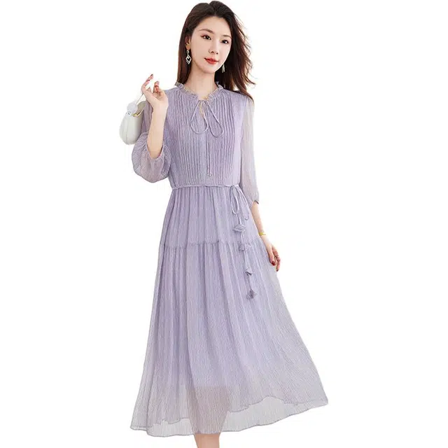 水墨佳人 简约舒适中长款通勤合身五分袖短袖连衣裙 女款