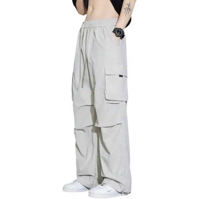 顶峰保罗 冰丝潮牌速干时尚百搭工装透气弹力纯色宽松百搭简约松紧腰显高显瘦褶皱直筒垂感休闲裤 男女同款