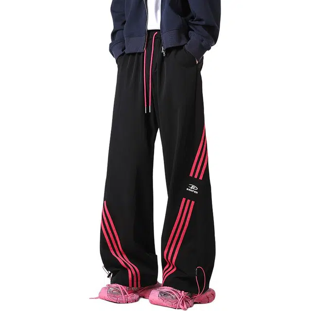 童先森 条纹三条杠撞色拼接垂感阔腿运动休闲裤 男款