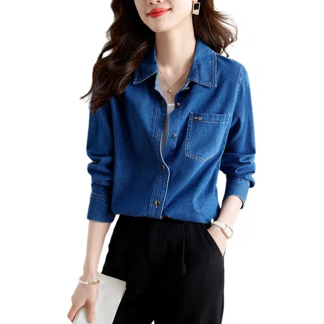 曲韩 复古时尚休闲宽松纯色长袖衬衫 女款 牛仔色