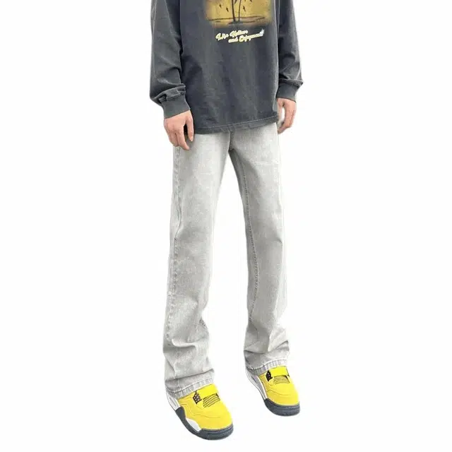 八哥 复古做旧弯刀长裤美式高街舒适中腰修身直筒牛仔裤 男女同款 烟灰色