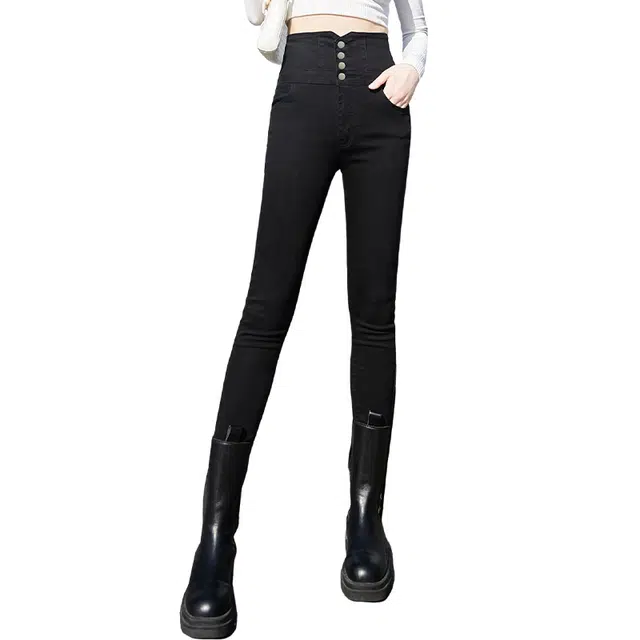 她池 高腰水洗修身显高显瘦小脚裤牛仔裤 女款 黑色