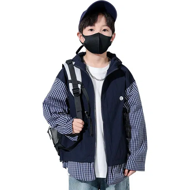 熊猫圆圆夹克外套 时尚帅气格子拼接假两件套连帽 藏青色 儿童款
