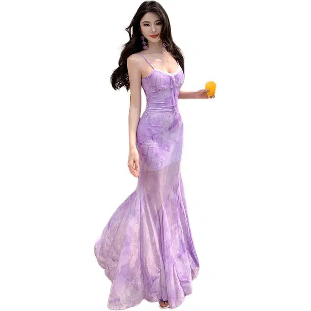 黛尔佳人 鱼尾网纱御姐长裙女韵调束腰显身材裹胸 吊带连衣裙  女款