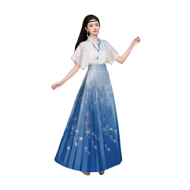 荟萃阁 新中式协襟提花刺绣国风一片式超大摆百褶时尚印花马面裙装套装 女款