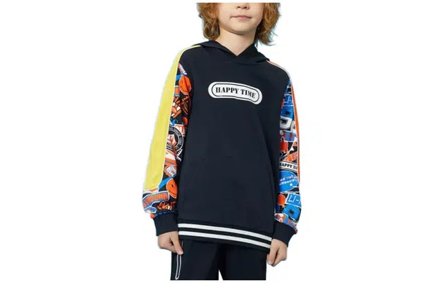 李宁 童装 印花字母连帽套头卫衣 男童 水墨黑