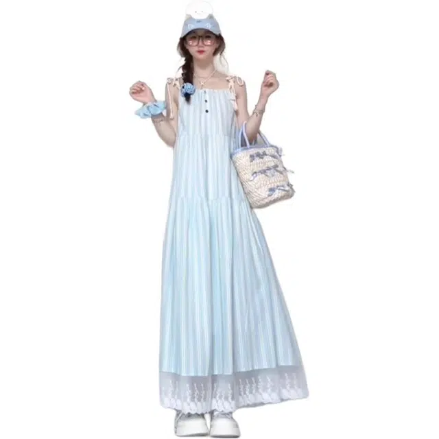 思蓓儿 甜美条纹子女夏季海边度假风长裙吊带连衣裙 女款