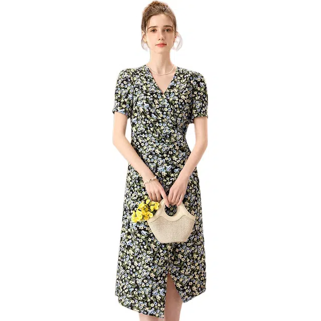 粉红玛琍 复古碎花短袖连衣裙 女款 花色