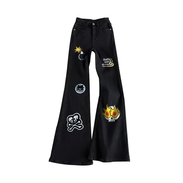 物质公式 微喇弯刀美式复古仿植绒万针刺绣趣味徽章图案印花高街水洗做旧废土风高级感窄版中腰直筒修身通勤垂感牛仔裤 男女同款