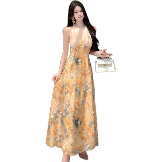 黛尔佳人 复古性感油画网纱拼接收腰显瘦挂脖长裙女无袖连衣裙  女款