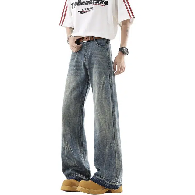 地界二 扎染猫爪闪电纹水洗复古宽松直筒潮牌牛仔裤 男女同款