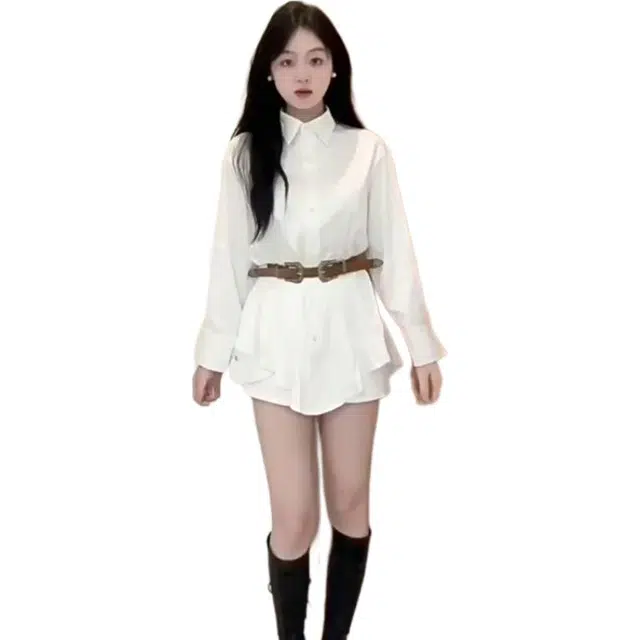 小卷要加油 法式短款长袖衬衫连衣裙辣妹收腰短裤两件套裙装套装 女款