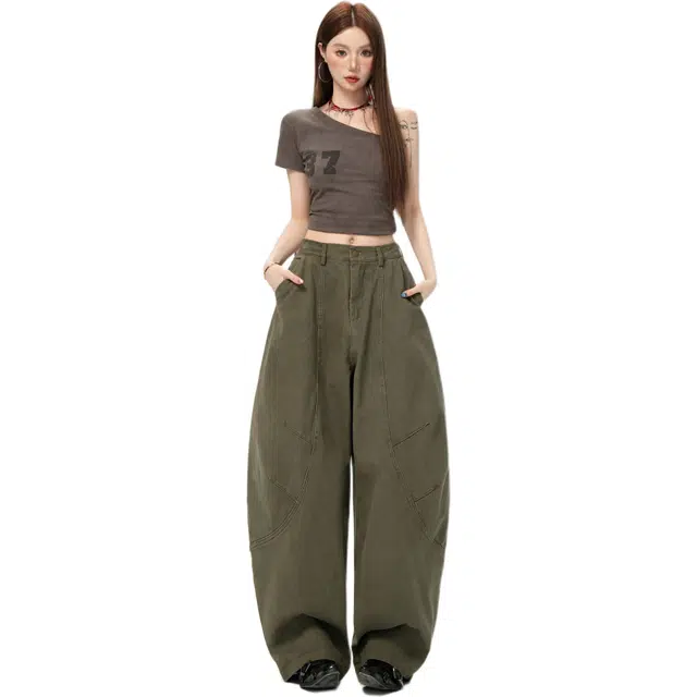玫丝朵 美式复古垂感拖地弯刀机能风宽松休闲阔腿工装裤 女款
